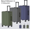 Drie olijfgroene, grijze en blauwe koffers naast elkaar, met kleinere versies in de hoek. Tekst "Beschikbaar in 3 kleuren".