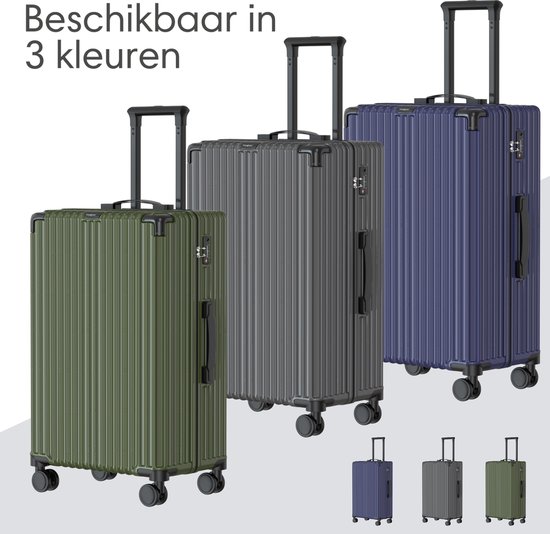 Drie olijfgroene, grijze en blauwe koffers naast elkaar, met kleinere versies in de hoek. Tekst "Beschikbaar in 3 kleuren".