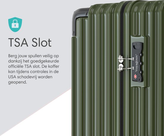 Close-up van het TSA-slot op een olijfgroene koffer. Tekst "TSA Slot" en uitleg over veilig opbergen.