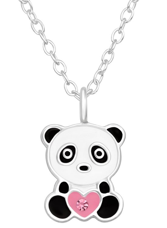 Joy|S - Zilveren panda hanger - inclusief ketting 39 cm (extra oogje bij 36 cm) - zwart wit met roze hartje
