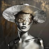 JJ-Art (Glas) 100x100 | Vrouw met hoed in zilver, goud, bruin, kunst | portret, mens, vierkant, modern | Foto-schilderij-glasschilderij-acrylglas-acrylaat-wanddecoratie
