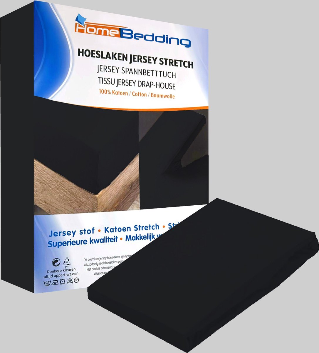 Premium hoeslaken-jersey-100% katoen -stretch-1Persoons-90x200+30cm Hoekhoogte- Zwart