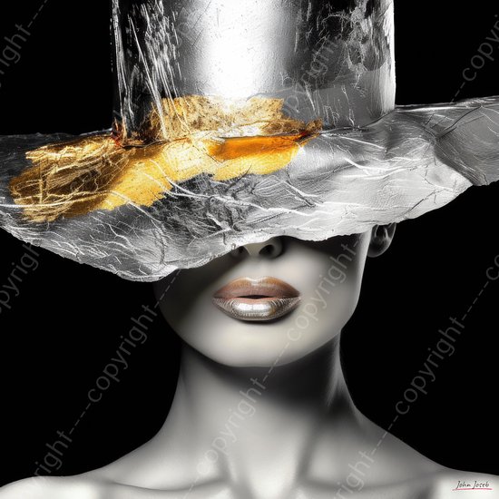 JJ-Art (Glas) 100x100 | Vrouw met hoed in zilver, goud, deels zwart wit, kunst | portret, mens, vierkant, modern | Foto-schilderij-glasschilderij-acrylglas-acrylaat-wanddecoratie