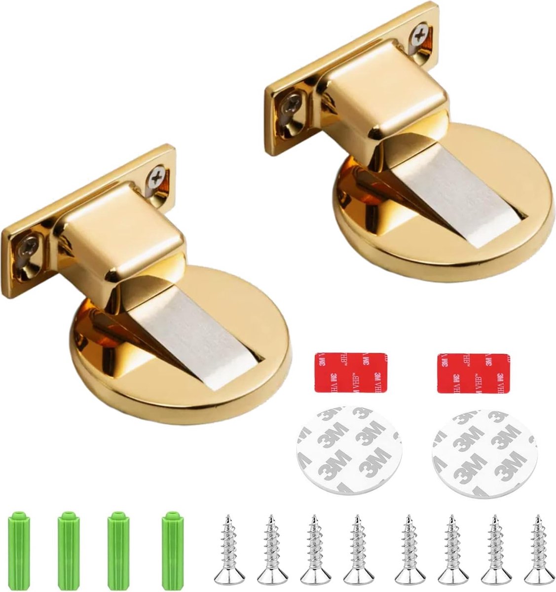 2 stuks magnetische deurstoppers van metaal, metalen magnetische deurgesp, onzichtbare deurstopper, vloermontage, magneet, deurstopper, wordt geleverd met plakband en schroeven (goud)