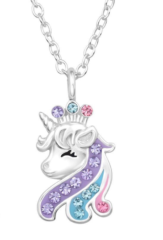 Joy|S - Zilveren eenhoorn paard hanger - kristal - unicorn - inclusief ketting 39 cm (extra oogje bij 36 cm) - zilver met roze paars en blauw