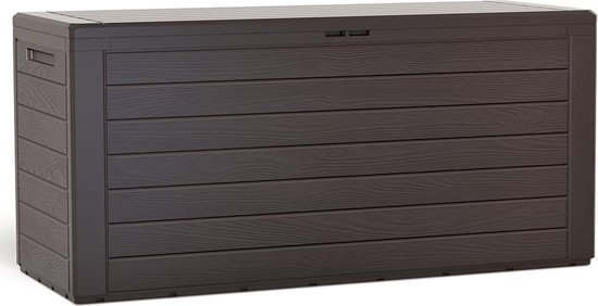 Gesloten donkerbruine opbergbox met horizontale lamellen en een houtnerfstructuur.