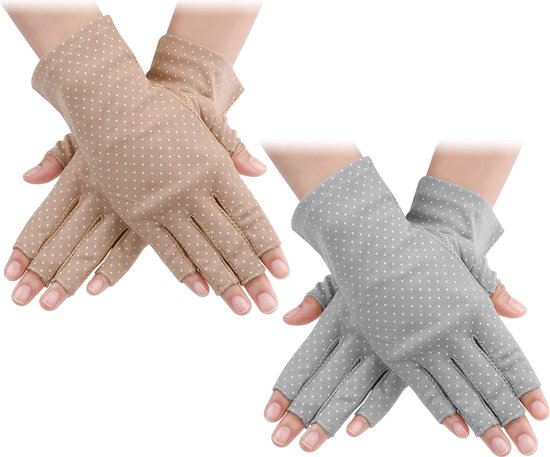 Orignieel Sunblock vingerloze handschoenen voor dames, 2 paar, antislip, UV zonnebeschermende handschoenen, voor auto rijden en outdoor activiteiten in de zomer, Khaki/Grijs