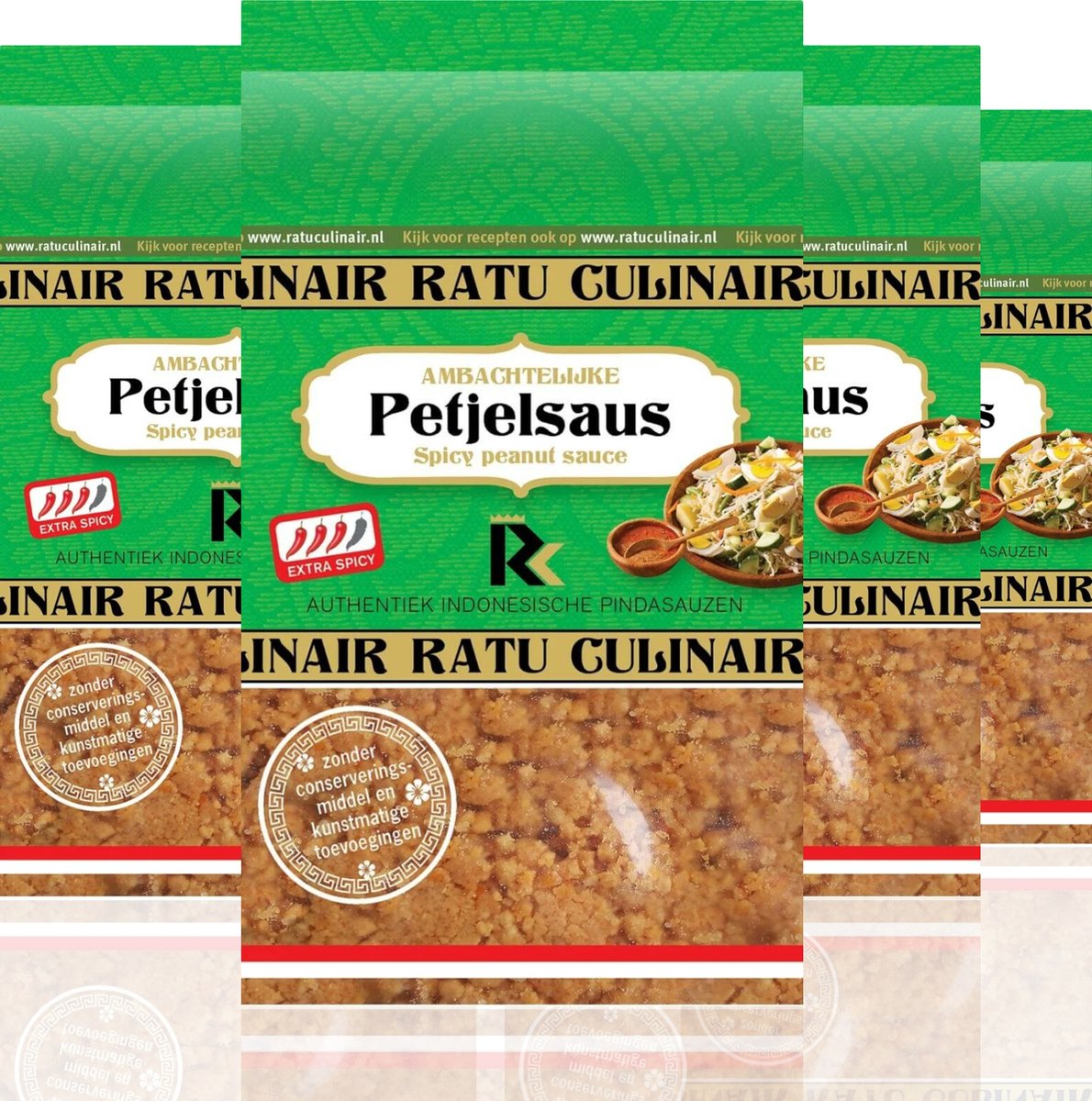 Ratu Culinair | 4 x 400gr Petjelsaus | Ambachtelijk bereid | Pittige pindasaus | glutenvrij | vegetarisch