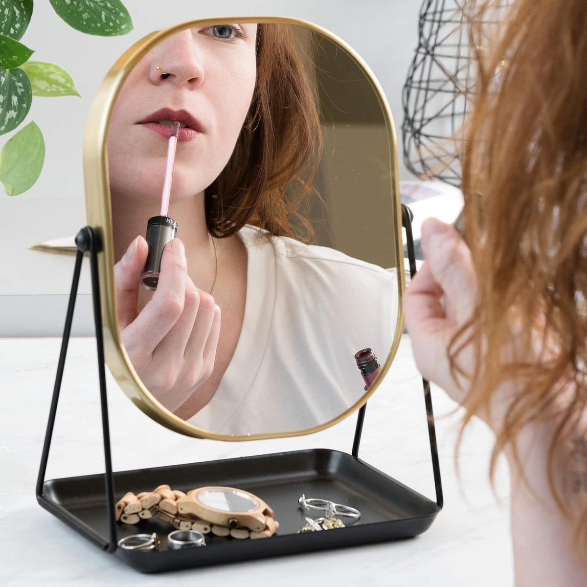 Tafelspiegel met Opbergruimte voor Sieraden - Draaibare Make-up Spiegel met 3x Magnificatie - Stijlvol en Functioneel