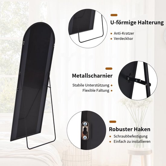 BHFFTHK Boog Full-Body Spiegel 162x53 Cm - Zwart Metal Frame, Staand Of Hangend