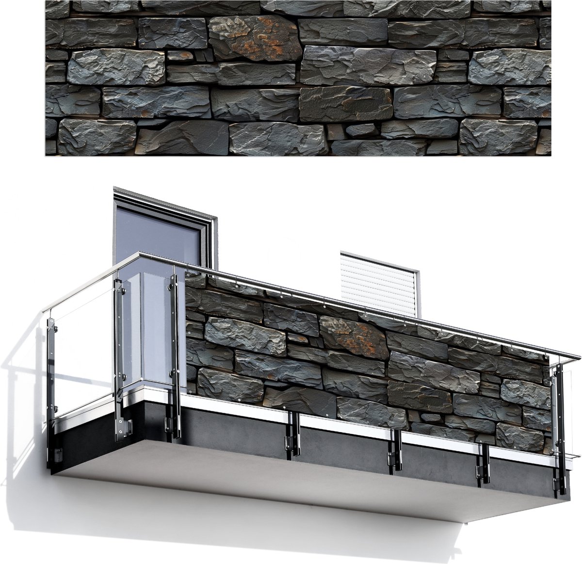 Balkonscherm 300x95 cm - Balkonposter Steenlook - Antraciet - Grijs - Balkon scherm decoratie - Balkonschermen - Balkondoek zonnescherm
