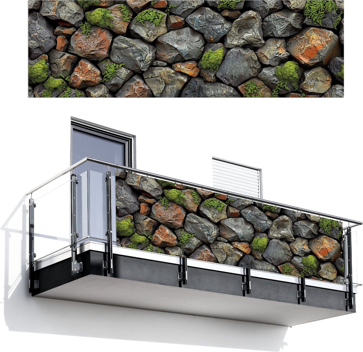 Balkonscherm 300x95 cm - Balkonposter Steenlook - Mos - Grijs - Groen - Balkon scherm decoratie - Balkonschermen - Balkondoek zonnescherm