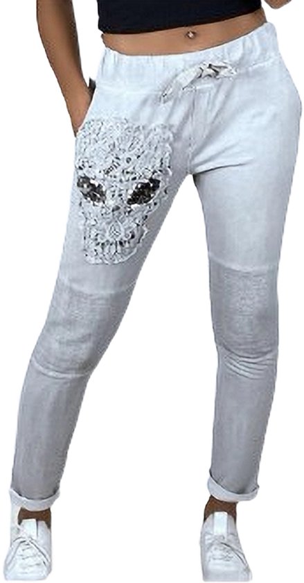 Dilena fashion jogging broek met skull hoofd van paillette grijs
