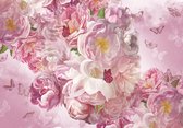 Fotobehang - Pioenrozen - rozen - geschilderd - bloemen - vlinders - roze - wit - Vliesbehang (208 x 146 cm) (2 behangvellen)