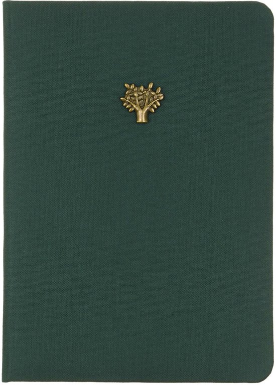 Groen notitieboek met een gouden boom-embleem in het midden. Het notitieboek is gesloten.