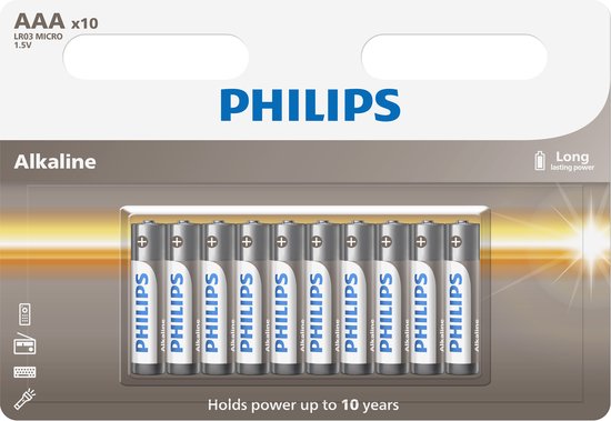 Verpakking met tien Philips AAA Alkaline batterijen, LR03 MICRO, 1.5V, met 'Long lasting power' opdruk.