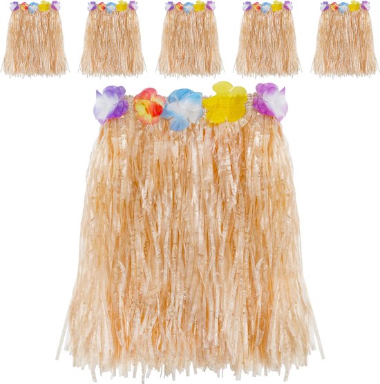 Kurtzy 6 Pak Hawaiiaanse Gras Hula Rokje – Elastieken Luau Rokjes met Hibiscus Bloemen voor Kostuum Feestjes – Hawaï Dans Rokje met Bloemen Decoraties voor Meisjes