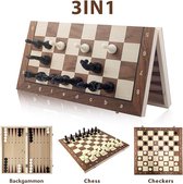 Magnetic game board - set 3in1 - schaakbord - damspel, schaken, backgammon - hout - schaakset - chess - Opklapbaar 39CM
