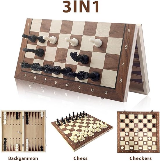 Magnetic game board - set 3in1 - schaakbord - damspel, schaken, backgammon - hout - schaakset - chess - Opklapbaar 39CM