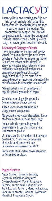 Fles met informatie over Lactacyd Oxygen Fresh intieme wasgel.