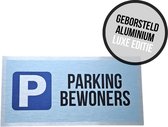 Pictogram/ bord geborsteld aluminium | "Parking bewoners" | Luxe editie | 30 x 15 cm | Parkeren | Residents | Privé parking | Parking vrijhouden | Parkeersignalisatie | Roestvrij | Alu di-bond geborsteld | 1 stuk