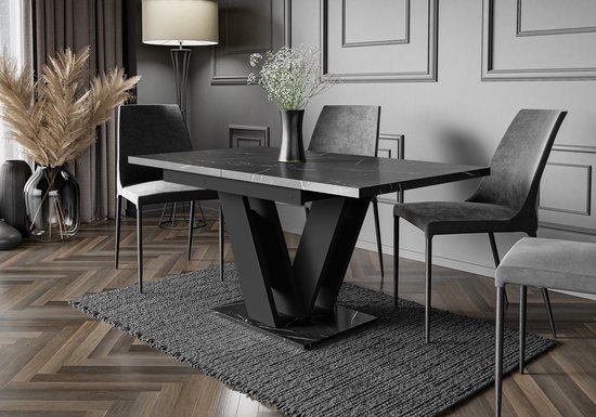 Pro-meubels - Table à manger - Table de salle à manger - Glasgow - Zwart mat - Aspect marbre - Extensible 120-160cm