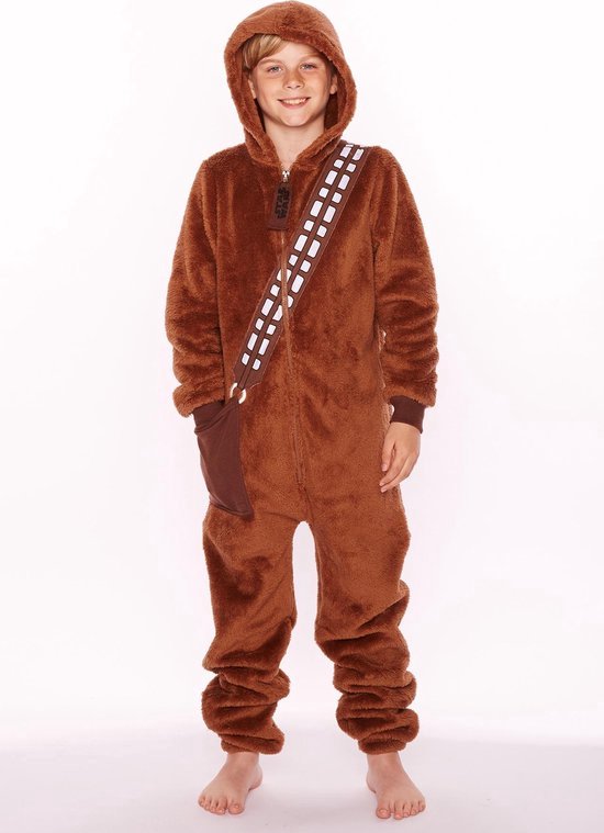 KIMU Onesie Pak Bruin Wars Teddyfleece - 128-134 - Kostuum Bruine Pyjama Verkleedpak Kinderen Jongen Chewie Star Festival