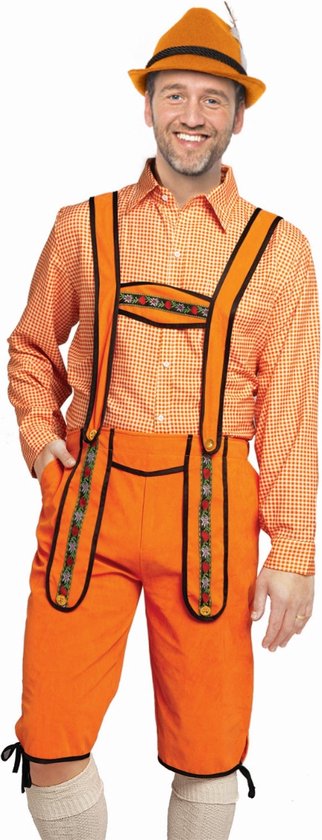 Partychimp Voordelige Lange Oranje Lederhosen Man voor bij EK WK Koningsdag Verkleedkleren Volwassenen Oranje Verkleedkleding Oktoberfest Heren Carnavalskleding Heren Verkleedkleren Volwassenen - Polyester - Maat S