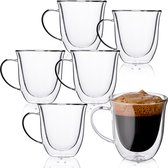 Dubbelwandige theeglazen koffieglazen met oor - Cappuccino glazen - Warme en koude dranken koffietassen dubbelwandig - 250 ML - Set van 6 - VDN