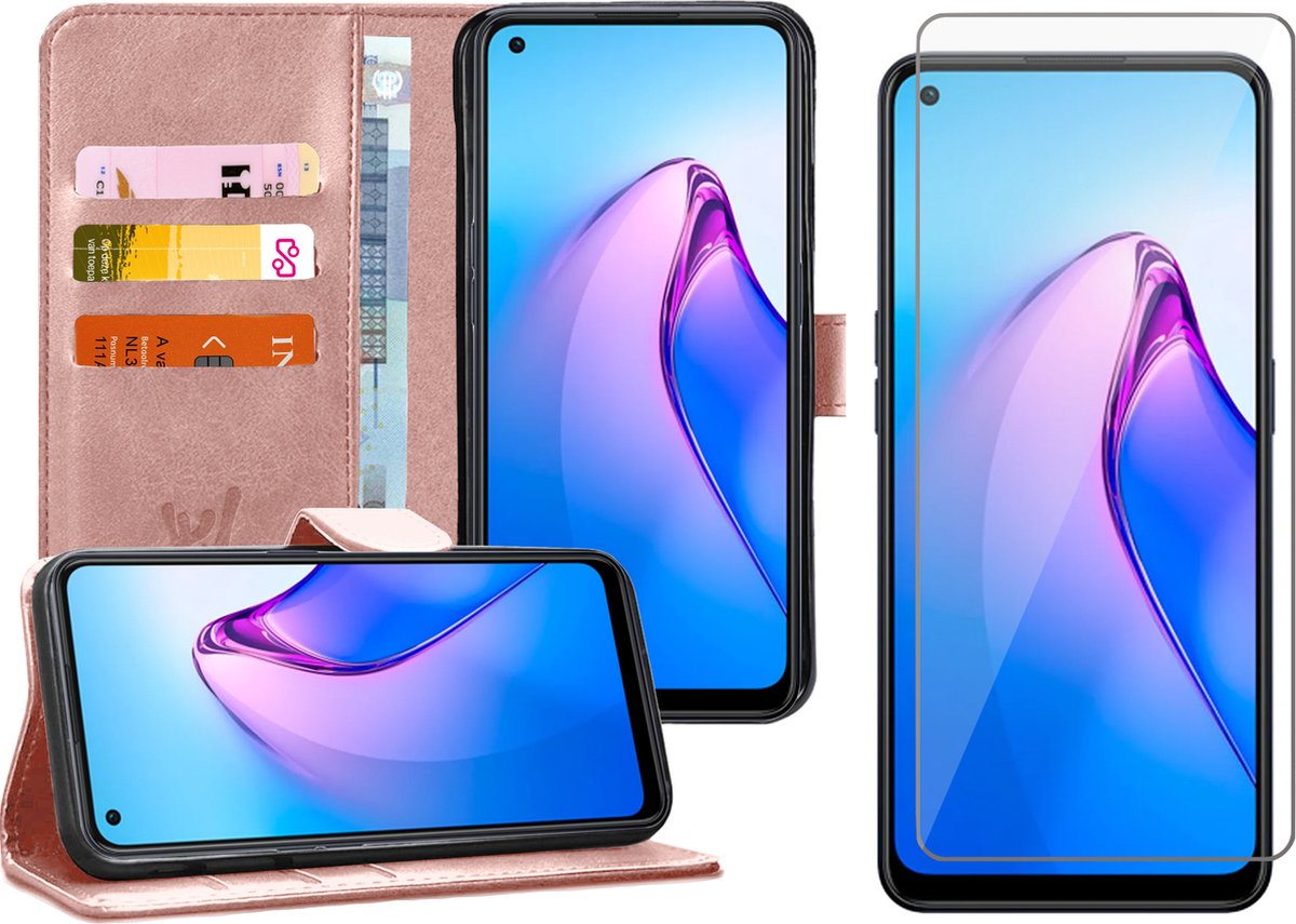 Hoesje geschikt voor Oppo Reno 8 - Screenprotector Glas - Portemonnee Book Case Rosegoud