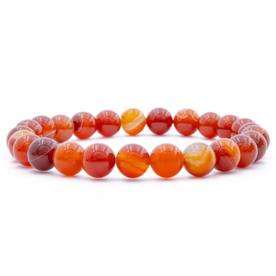 Bixorp Gems Bracelet en pierres précieuses d'agate rouge rayée - Bracelets de perles d'agate rouge tachetée polie - Cadeau pour homme et femme - Fabriqué naturellement - 20 cm