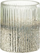 J-Line windlicht Geribbeld - glas - zilver/transparant - medium - 2 stuks