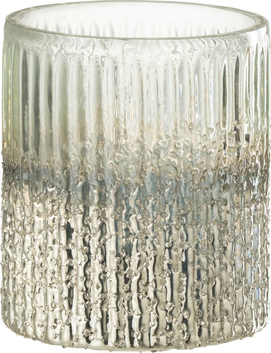 J-Line windlicht Geribbeld - glas - zilver/transparant - medium - 2 stuks