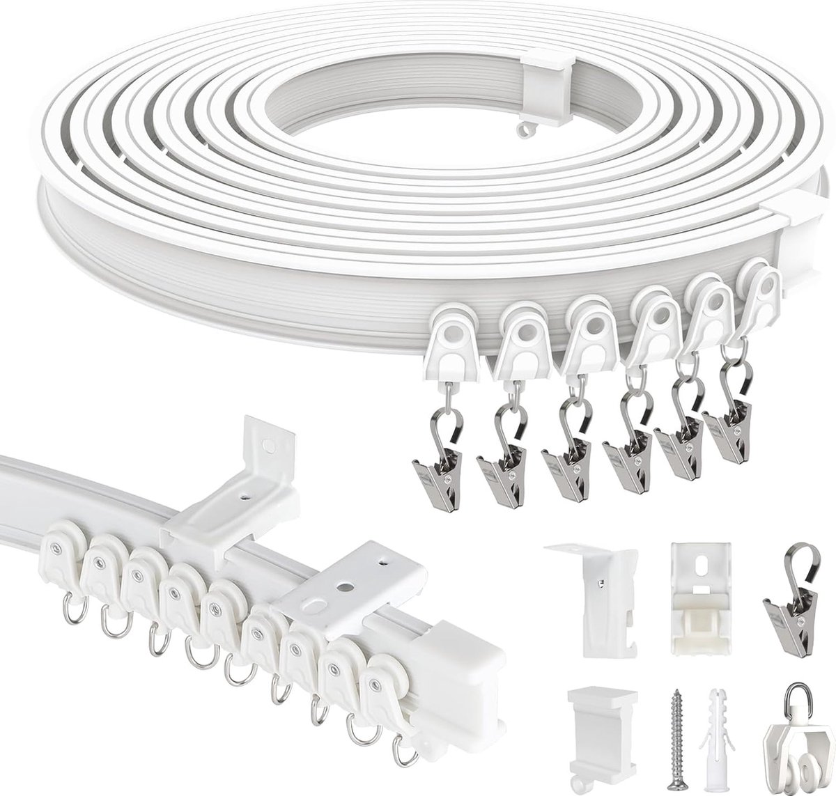 Flexibele gordijnrail 10M gordijnrail wandmontage en plafondmontage van ABS gordijnrail 1 track voor gordijnophanging roomdivider camper balkons kantoren hotels wit