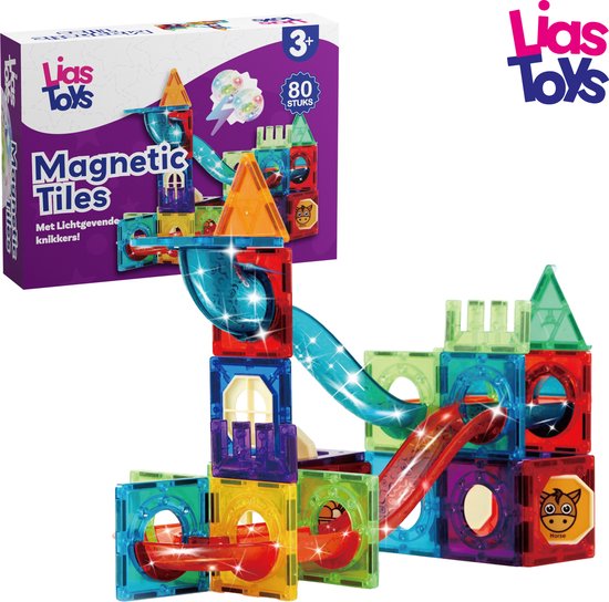 LiasToys® - Magnetisch speelgoed - Magnetische blokken - Magnetic tiles - 80stuks - Knikkerbaan - Montessori speelgoed - Magnetische Bouwstenen - Lichtgevende knikkers
