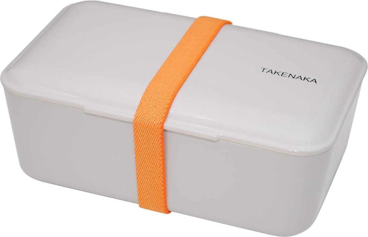 TAKENAKA Bento Bite Box Gray Champignon milieuvriendelijke lunchbox gemaakt in Japan BPA- & rietvrij, 100% recyclebaar plastic flesgebruik, magnetron- en vaatwasmachinebestendig, Bentobox rechthoekig L174x110xH70mm (Grijze Champignon * band: Oranje)