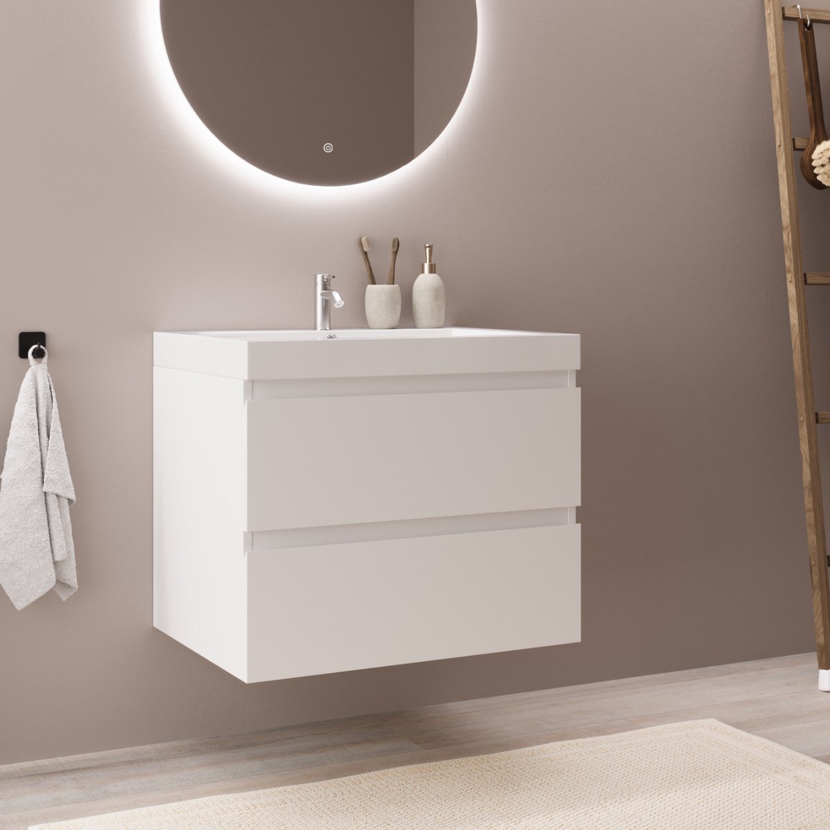 LOMAZOO Badkamermeubel Glanzend Wit 60 cm- Wastafelmeubel - Wastafelkast Zwevend [MONACO]