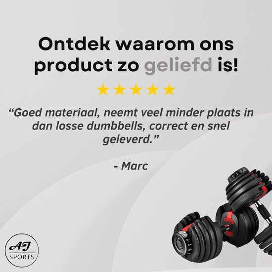 AJ-Sports Verstelbare Dumbell 24 KG - 2kg t/m 24kg - Dumbells set - Gewichten set - Halterset - Fitness gewichten - Krachttraining - Fitness - Gym - Sport - 15 Dumbells in één! - Let op PER STUK = 1 Dumbbell!
