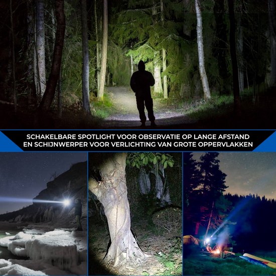 Collage van een man met een zaklamp in een bos, een boom verlicht door een zaklamp, en een camping met zaklamp.