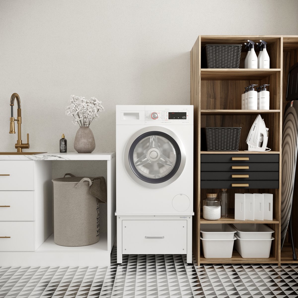 Wasophoogte® Wasmachine verhoger met lade - Wasmachine opbouwmeubel - Wasmachine sokkel - 42cm hoog - Wit - Universeel - Inclusief Lekbak thumbnail 5