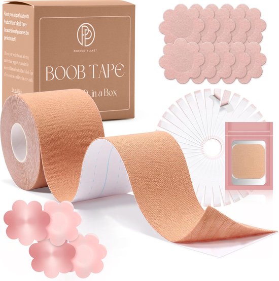 ProductPlanet Premium Boob Tape - Comprend 2 couvre-tétons en silicone + 4 couvre-tétons en satin - 7,5 cm x 5 m - Convient aux bonnets A à F - Ruban adhésif pour soutien-gorge - Sable / Rose