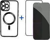 Optimity Hoesje voor iPhone 12 Siliconen (Transparant) Magnetisch Zwart + Privacy Anti-Spy Gehard Glas Schermbeschermer