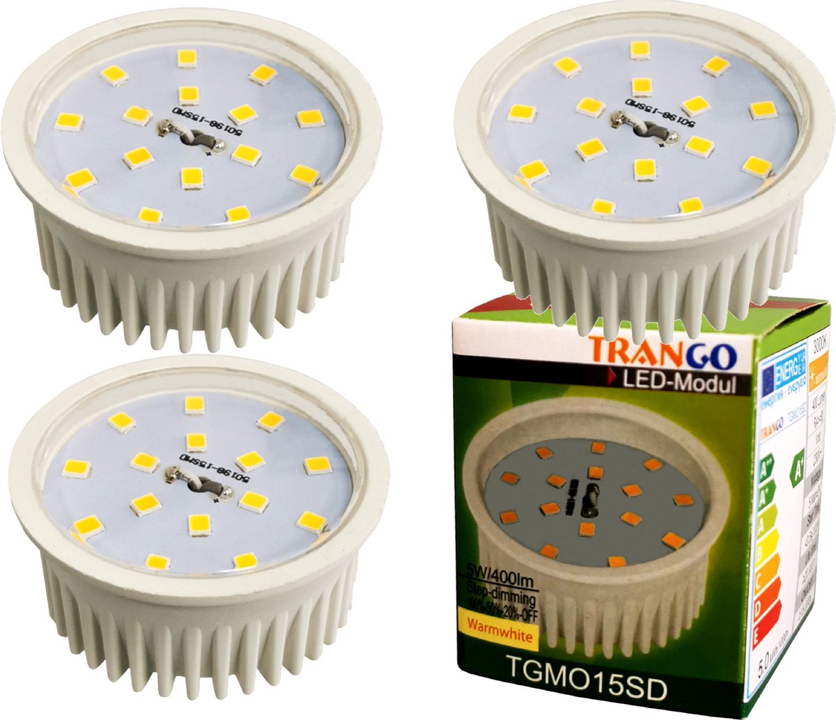 Trango Set van 3 MO15SD*3 Ultra Flat 5Watt 3 Niveaus Dimbare LED Module 3000K Warm Wit voor Vervanging GU10 & MR16 Halogeenlampen, voor inbouwspots, plafondspots, inbouwspots, plafondspots, spots