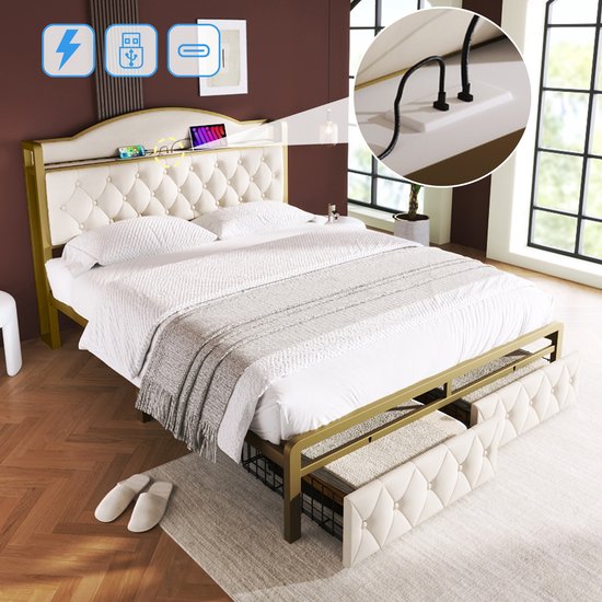 Sweiko Gestoffeerd bed met USB Type C oplaadfunctie en laden, eenpersoonsbed 160 x 200 opbergbedden Bed frame met lattenboden gemaakt van metalen frame, Licht beige (zonder matras)
