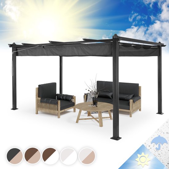 Zwarte pergola met uitschuifbaar dak, met tuinmeubilair: twee banken en een tafel. Kleuropties getoond onderaan.