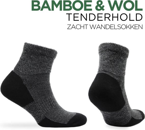 Norfolk - Bamboe en Merino wol mix Wandelsokken - Zacht Outdoorsokken met Demping - Tenderhold Oedeemvriendelijke - Zwart - Maat 43-46 - Alfie QTR