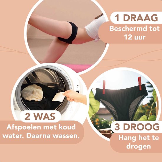 Trois images : 1. Femme en tenue de sport faisant une posture de yoga. 2. Main plaçant une culotte dans une machine à laver. 3. Culotte noire séchant à l'extérieur sur une corde à linge.