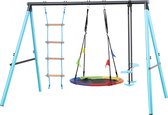 Metaal 3-in-1 schommel, met stevig metalen frame, nestboomschommel (in hoogte verstelbaar), klimladder, wip, buitenspeelstandaard, geschikt voor kinderen van 3 tot 8 jaar, blauw