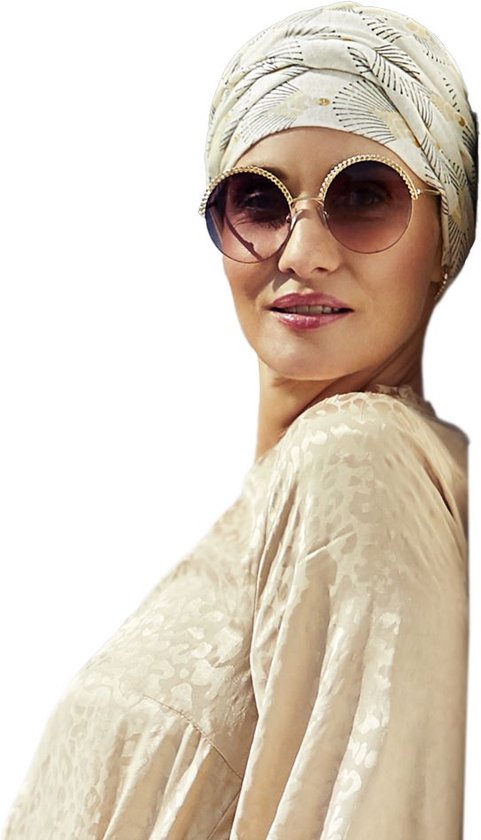 Christine Headwear - Shakti Turban - Printed Linen - Peacock Creams - Bamboo & Linnen