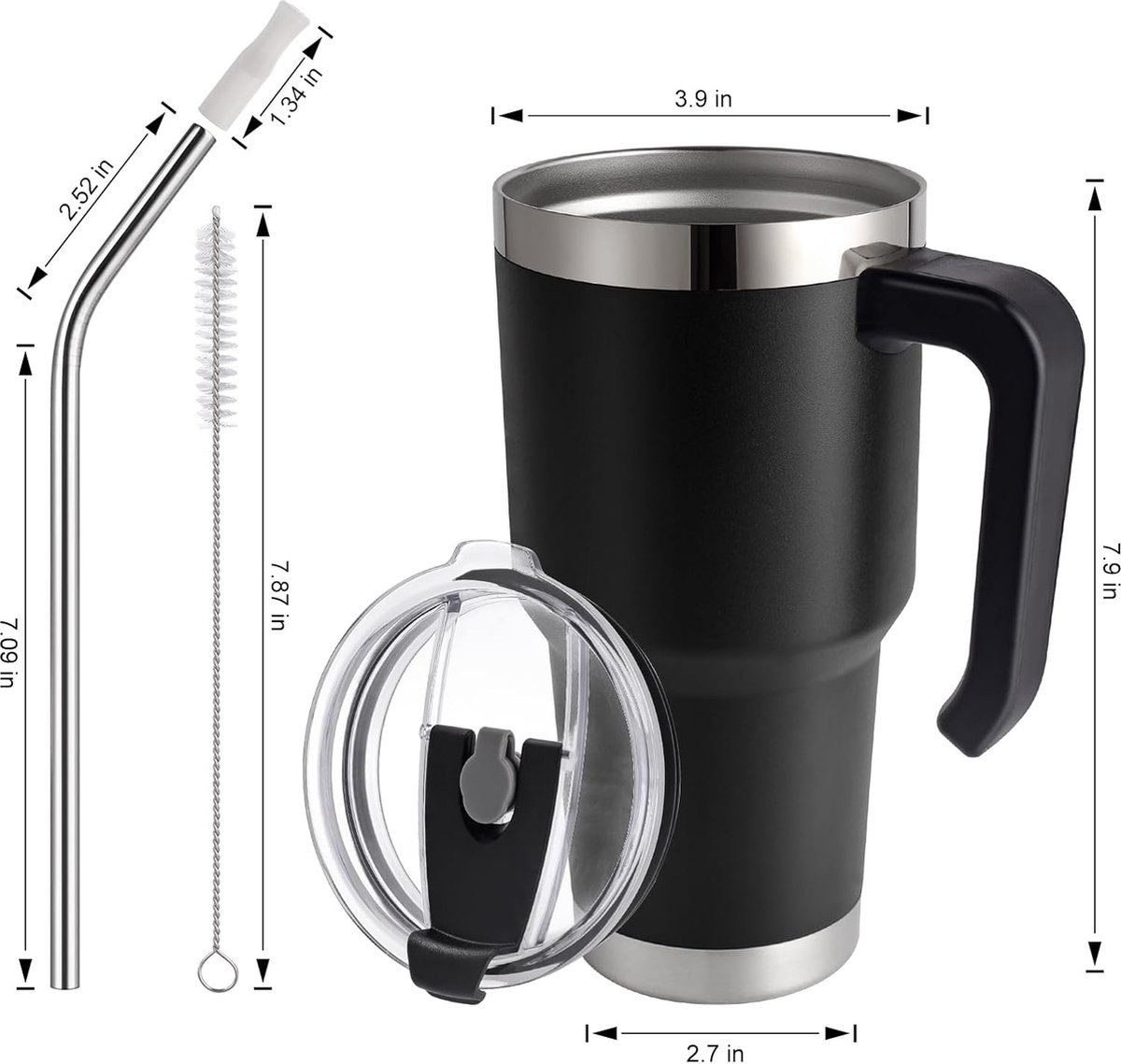 Thermische mok met rietje en handvat Drinkbeker Koffiemok voor onderweg met spatwaterdicht deksel en buisborstel Roestvrij staal vacuüm geïsoleerde autobeker voor warme koude dranken BPA-vrij — cadeau in Koken & Dineren - foto 8